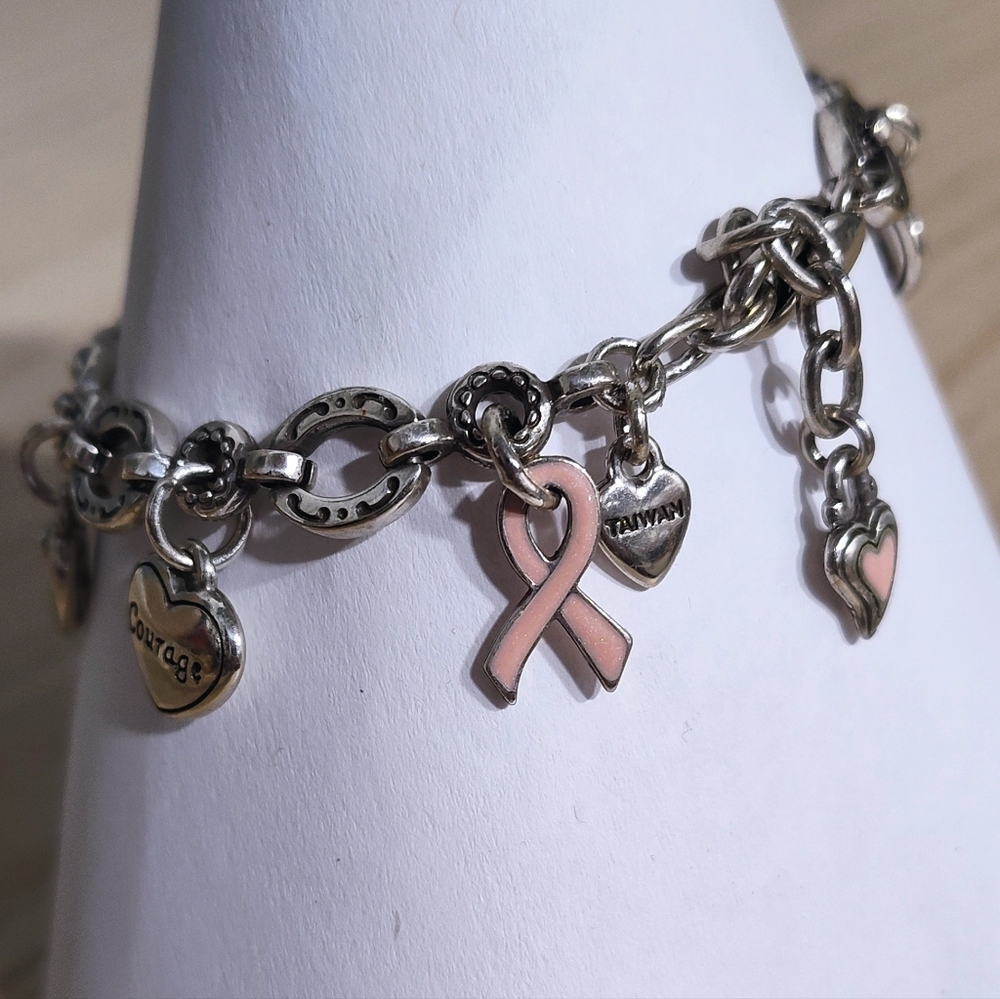 Brighton Heart Charm Bracelet Retired 2003 Breast Cancer Awareness